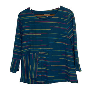 Women's Small Habitat Navy Blue Stripe Lagenlook Cotton Blend Blouse